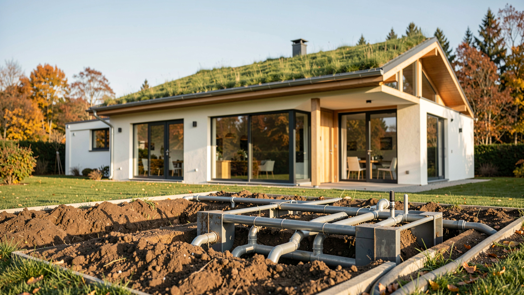 Ein modernes Einfamilienhaus mit begrüntem Dach und großen Fenstern, die das Sonnenlicht einfangen, im Vordergrund ein Erdkollektor mit sichtbaren Rohren, aufgenommen an einem klaren Herbstnachmittag, weite Halbtotale.