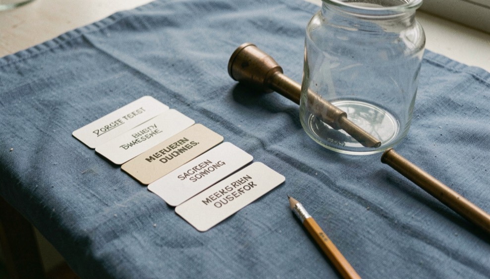 Karteikarten, Glasgefäß, Messingrohr und Bleistift liegen geordnet auf einem blauen Tuch neben einer Keramikschale.