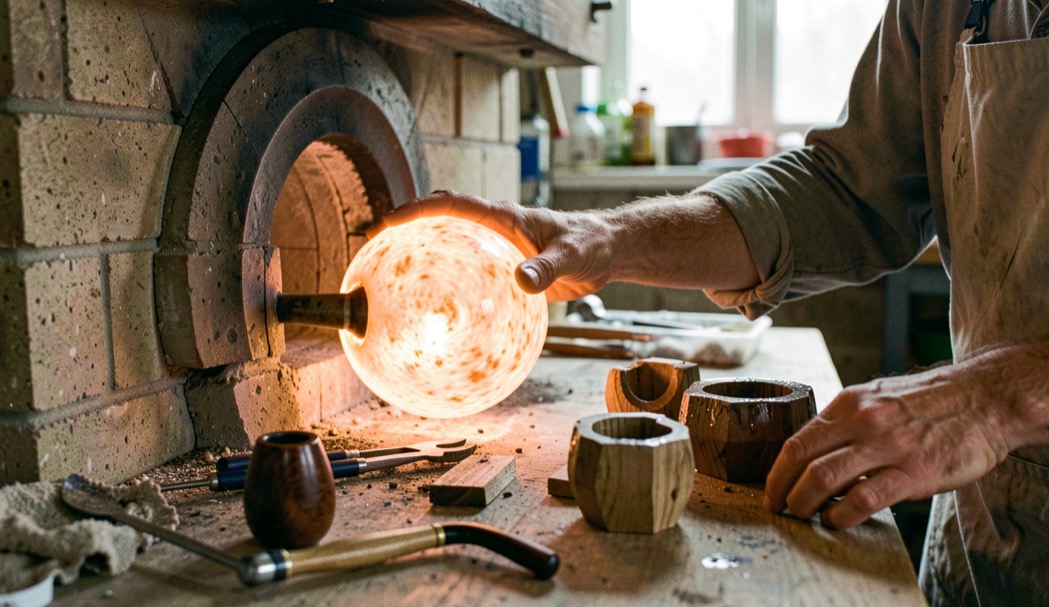 Ein Glasbläser dreht eine glühende Kugel vor dem Ofen, daneben liegen Pfeife, Zange und nasse Holzformen.