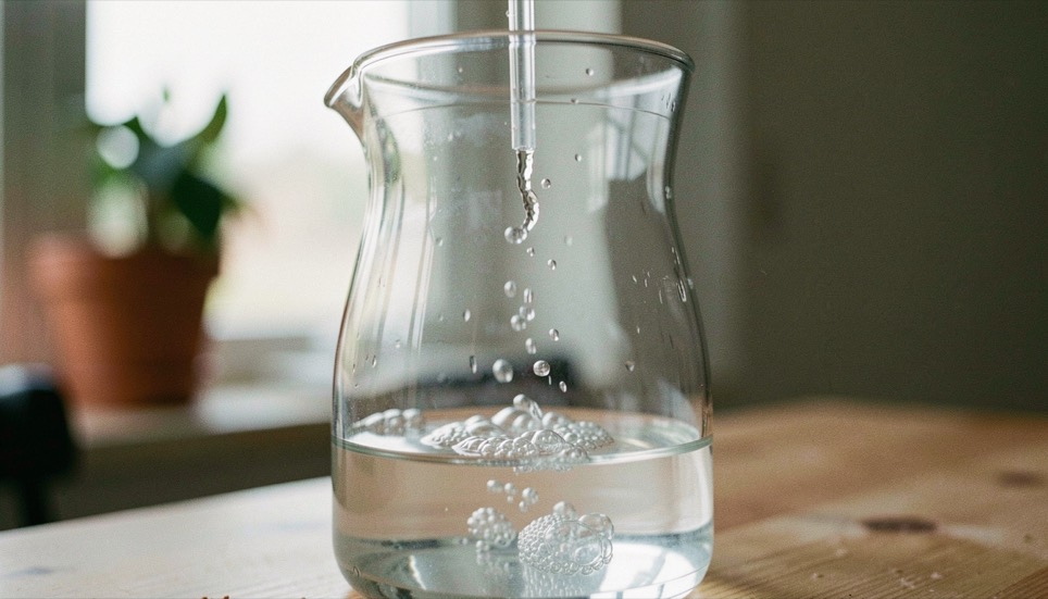 Nahaufnahme eines klaren Glasgefäßes mit Wasser, in dem aus einem Tauchrohr eine Kette feiner Blasen aufsteigt.