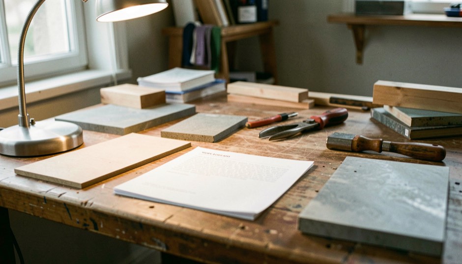 Materialien und Notizen zum Thema Handwerk und Werkstoffe liegen auf einem Arbeitstisch neben Licht und Werkzeug.