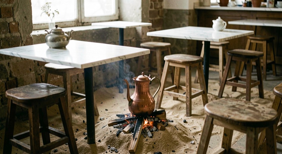 In einem alten Kaffeehaus stehen kleine Marmortische, Holzhocker und eine Kupferkanne auf einem Sandbett über glimmender Asche.