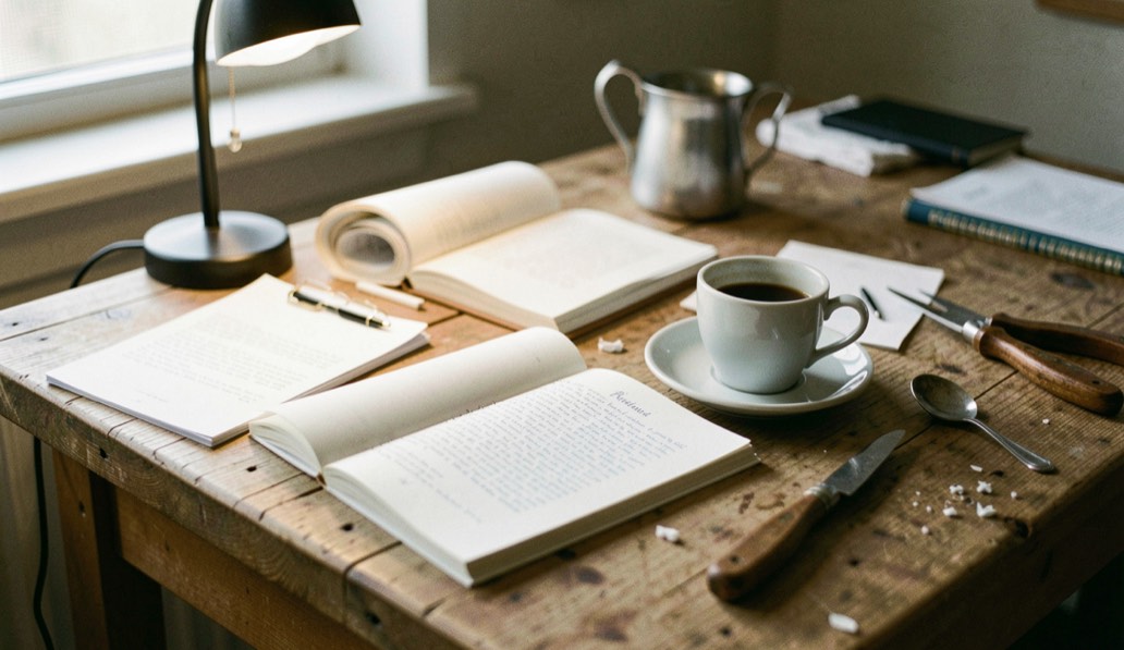 Materialien und Notizen zum Thema Kaffeehaus und Tischkultur liegen auf einem Arbeitstisch neben Licht und Werkzeug.