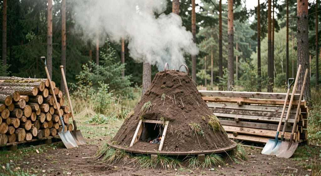 Auf einer Waldlichtung steht ein kegelförmiger Erdmeiler, aus dessen Decke feiner Dunst aufsteigt, daneben Holzstapel und Schaufeln.
