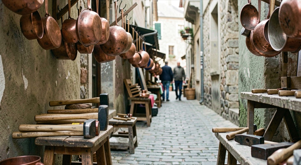 In einer engen Basargasse hängen getriebene Kupferschalen an Haken, davor liegen Hämmer und Ambosse auf niedrigen Böcken.