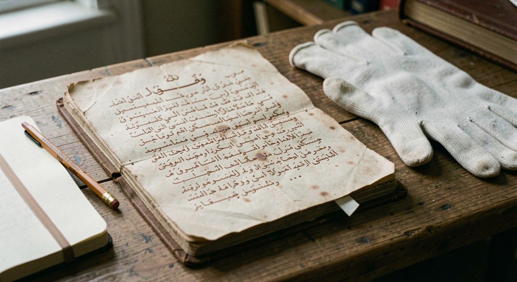 Auf einem Lesepult liegt eine alte arabische Handschrift mit brauner Tinte, daneben ein Notizbuch, ein Bleistift und weiße Baumwollhandschuhe.