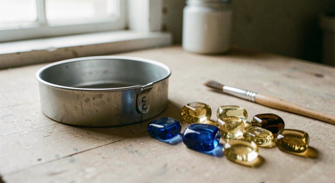 Rote, blaue und goldene Glassteine liegen neben einer runden Metallform und einem kleinen Pinsel.