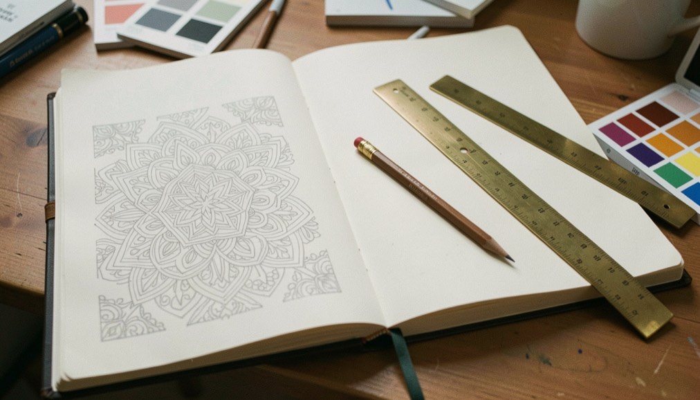 Ein aufgeschlagenes Musterbuch zeigt geometrische Ornamente neben Bleistift, Messinglineal und Farbkarten auf hellem Papier.