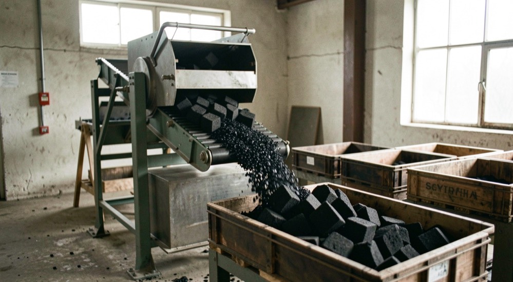 In einer einfachen Halle presst eine Maschine schwarze Würfel aus Kohlestaub, die auf ein Förderband und in flache Kisten fallen.