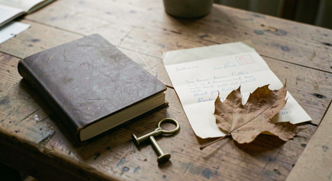 Briefpapier, Notizbuch, Messingklammer und getrocknetes Blatt liegen auf einem ruhigen Holztisch aus dunklem Holz.