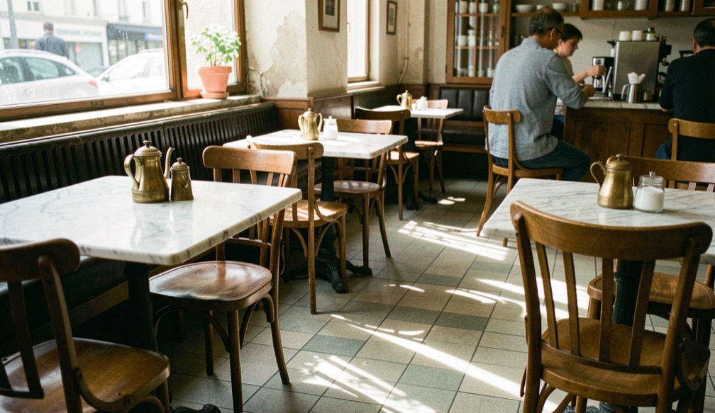 Ein altes Kaffeehaus zeigt Marmortische, Holzstühle, Messingkannen und Lichtstreifen auf dem Fliesenboden.