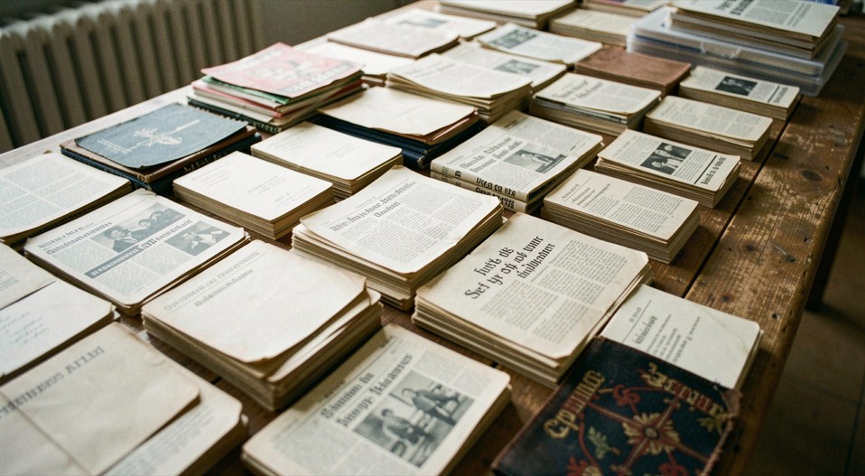Ein geordnetes Archiv aus Karteikarten, Zeitungsausschnitten und Stoffmustern liegt auf einem langen Tisch.