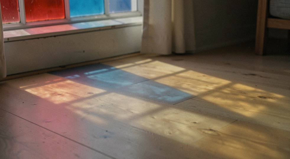 Durch ein farbiges Fenster fallen rote, blaue und goldene Lichtfelder auf einen schlichten Holzboden.