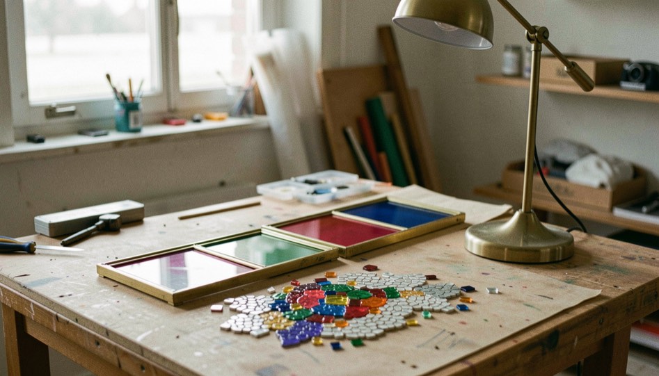 Farbiges Glas, Messingrahmen und kleine Mosaiksteine liegen auf einem Arbeitstisch neben einer Lampe.