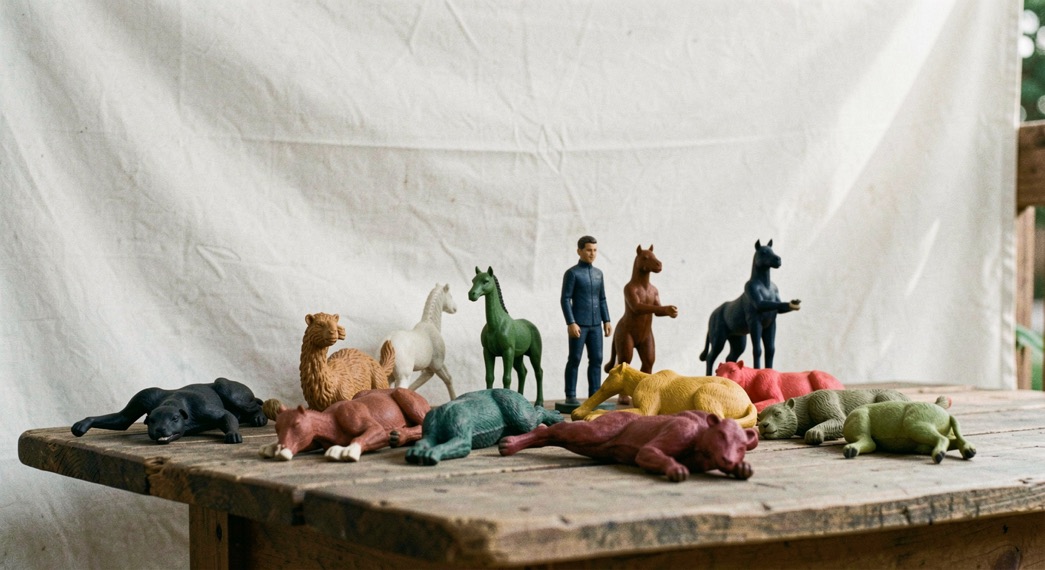 Hinter einer aufgespannten weißen Leinwand liegen bunte Schattenspielfiguren aus Kamelhaut auf einem Holztisch bereit.