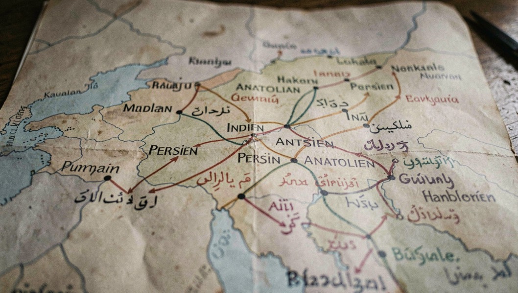 Eine mit Tinte gezeichnete Karte zeigt Handelswege zwischen Indien, Persien, Anatolien und dem Balkan, beschriftet in mehreren Schriften.