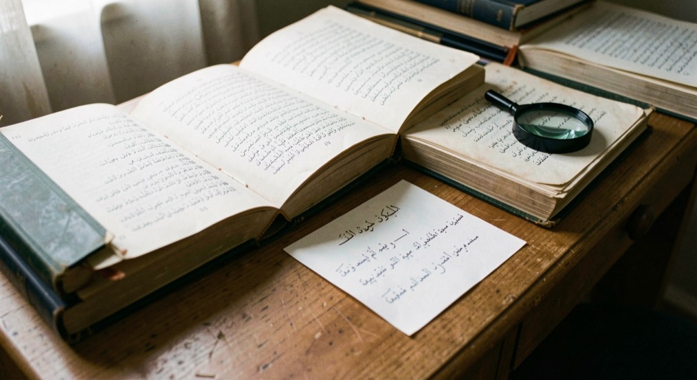 Aufgeschlagene Wörterbücher, Lupe und Notizzettel liegen neben einem Messinglineal auf einem Schreibtisch.